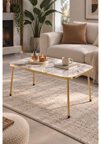 Sulorahome Beyaz Orta Sehpa Gold Ayaklı Altın - Beyaz