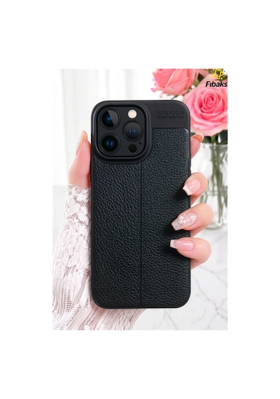 Fibaks iPhone 15 Pro Max Uyumlu Kılıf Kamera Çıkıntılı Deri Görünümlü Dikiş Desenli Koruyucu Kapak Kilif
