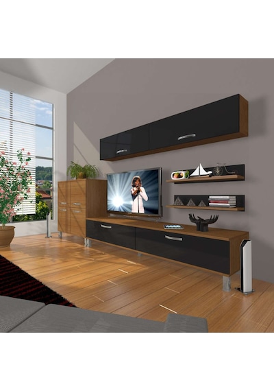 Decoraktiv Eko 6y Slm Std Krom Ayaklı Tv Ünitesi Tv Sehpası Ceviz - Siyah