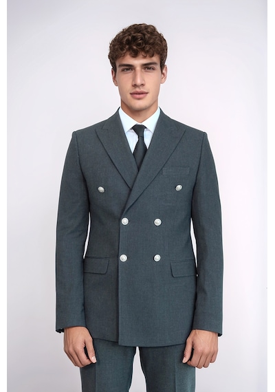 Gümüş Renk Metal Düğmeli Slim Fit Kruvaze Koyu Gri Erkek Takım Elbise Wessi Füme