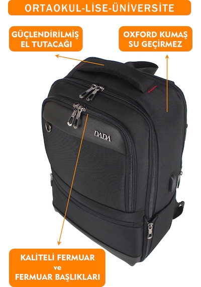 Körüklü Siyah Okul Sırt Çantası Lise Üniversite Unisex Su Geçirmez Kumaş 14"-15,6" İnç Siyah