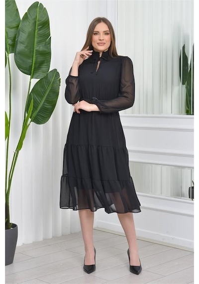 Dip Moda Kadın Kemerli Midi Boy Gipeli Şifon Elbise Dpnb7156 - Siyah Siyah Dip Moda Kadın Kemerli Midi Boy Gipeli Şifon Elbise Dpnb7156 - Siyah Siyah