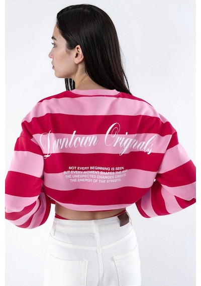 Hiccup %100 Pamuk Oversize Çizgili Sweatshirt Kırmızı