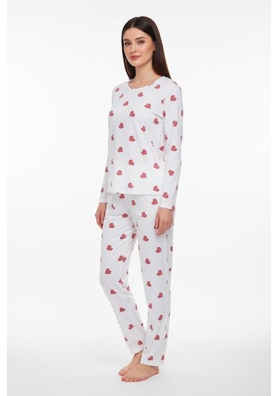 Bisiklet Yaka Süet Pijama Takımı 6004 Kırmızı Kalp Beyaz