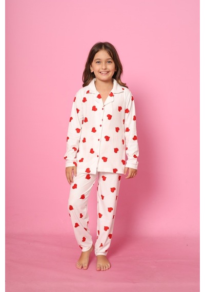 Beka Kids Desenli Uzun Kollu Önden Düğmeli Gömlek Yaka Kız Çocuk Pijama Takımı Beyaz
