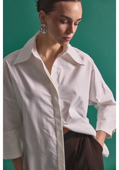 Sateen Düğme Detaylı Gömlek - Ekru-137151 ekru