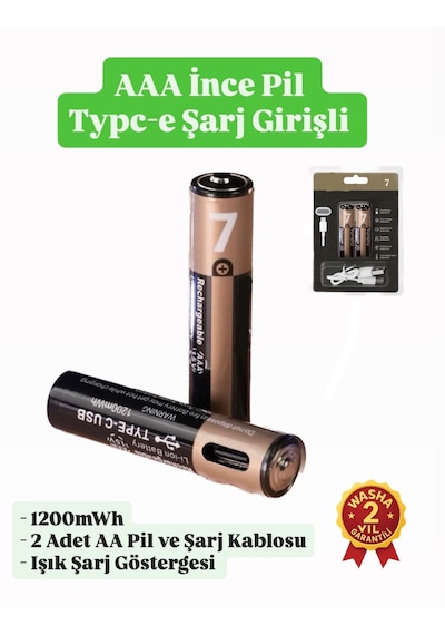 İnce Pil Aaa Pil Usb Type-c Kablo İle Şarj Edilebilir Lityum 2'li İnce Pil 1.5v Aaa / 1200mwh