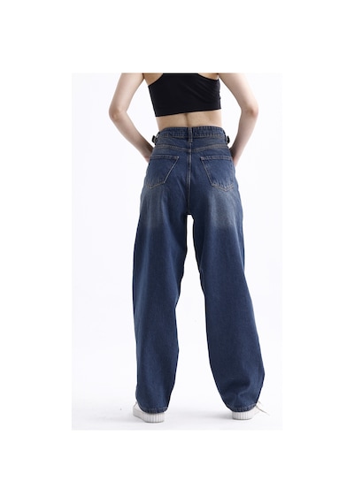 Pass&pass 2430 Kadın Yandan Tokalı Baggy Jeans Kot Denim Pantolon Koyu Mavi