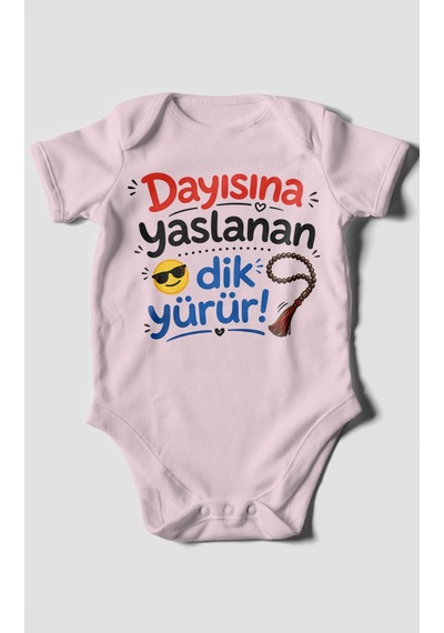 Morivokids Dayısına Yaslanan Dik Yürür Kısa Kollu Bebek Body %100 Pamuk Bebe Pembe