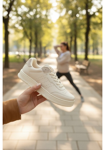 Enoch Kadın Spor Ayakkabı Delikli Detaylı Ve Hafif Comfort Düz Tabanlı Günlük Sneaker Bej