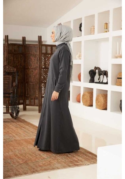 6579-denim Fermuarlı Ferace Koyu Gri Koyu Gri