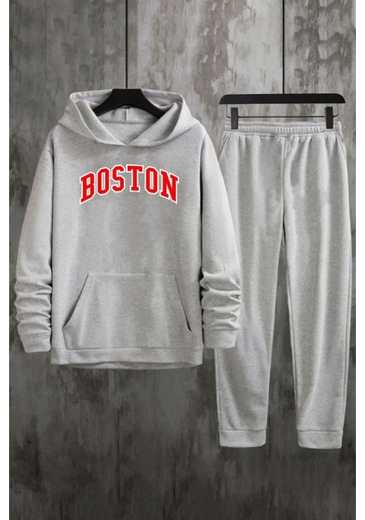 Uyguntarz Unisex Boston Baskılı Eşofman Takımı Gri