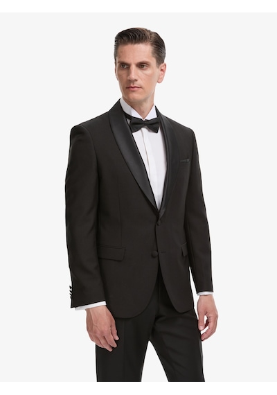 Cacharel Siyah Slim Fit Yün Karışımlı Şal Yaka Smokin Damatlık