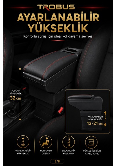 Trobus Toyota Corolla 1992-2007 Uyumlu Ayarlanabilir Ayaklı Kolçak Kol Dayama Siyah-kırmızı