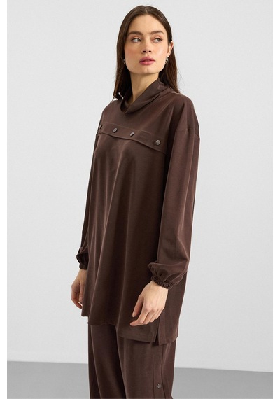 Olcay Metal Aksesuarlı Premium Kumaş Sweat Pantolon Takım Kahve 9404-tk