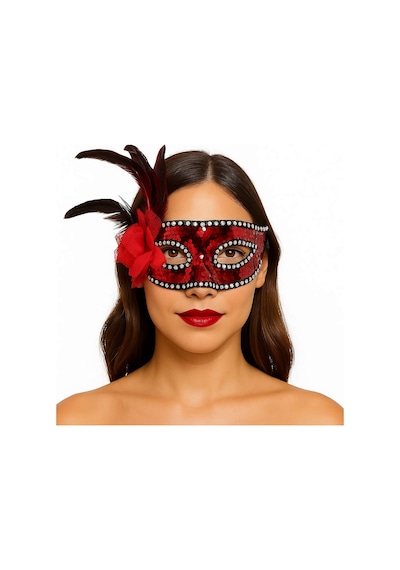 Kırmızı - 314 - Renk Yandan Tüylü Güllü Gümüş Taşlı Pullu Maske - Glblseme - 20x22 Cm Yetişkin