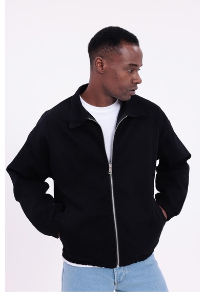Freemen Erkek Basic Gabardin Kumaş Fermuarlı Oversize Mevsimlik Polo Yaka Ceket Siyah