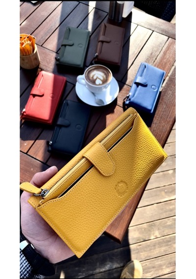 Yellow Peony Hakiki Deri Telefon Cüzdanı Sarı