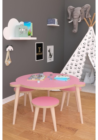 Yuvarlak Yaz Sil Yüzey Çocuk Masa Sandalye Takımı 1 Aktivite Oyun Masası 3 Sandalye - Pembe