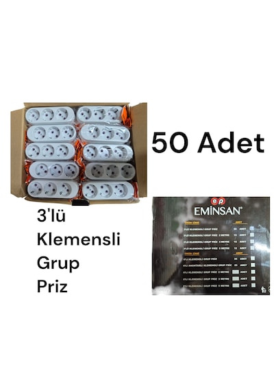 Eminsan 3lü Topraklı Grup Priz Kablosuz Klemensli 50 Adet