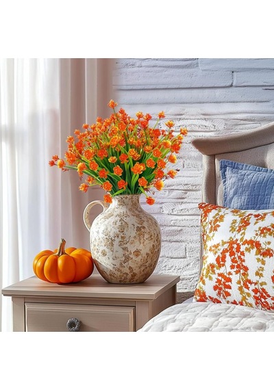 6lı Set Yapay Çiçek Sazlı Lotus Turuncu Renk 7 Dal Plastik 30cm