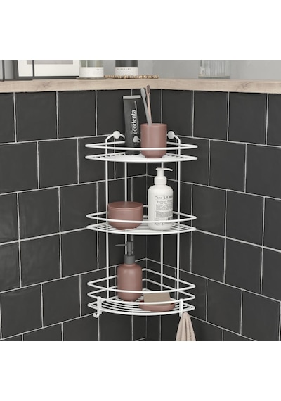 Teknotel Üç Katlı Kancalı Banyo Köşe Rafı Beyaz Bk023H Çok Renkli