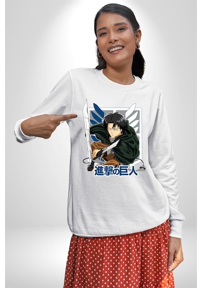 Anime Levi Ackerman Beyaz Ve Siyah Kanatlar Unisex Beyaz Sweatshirt Beyaz