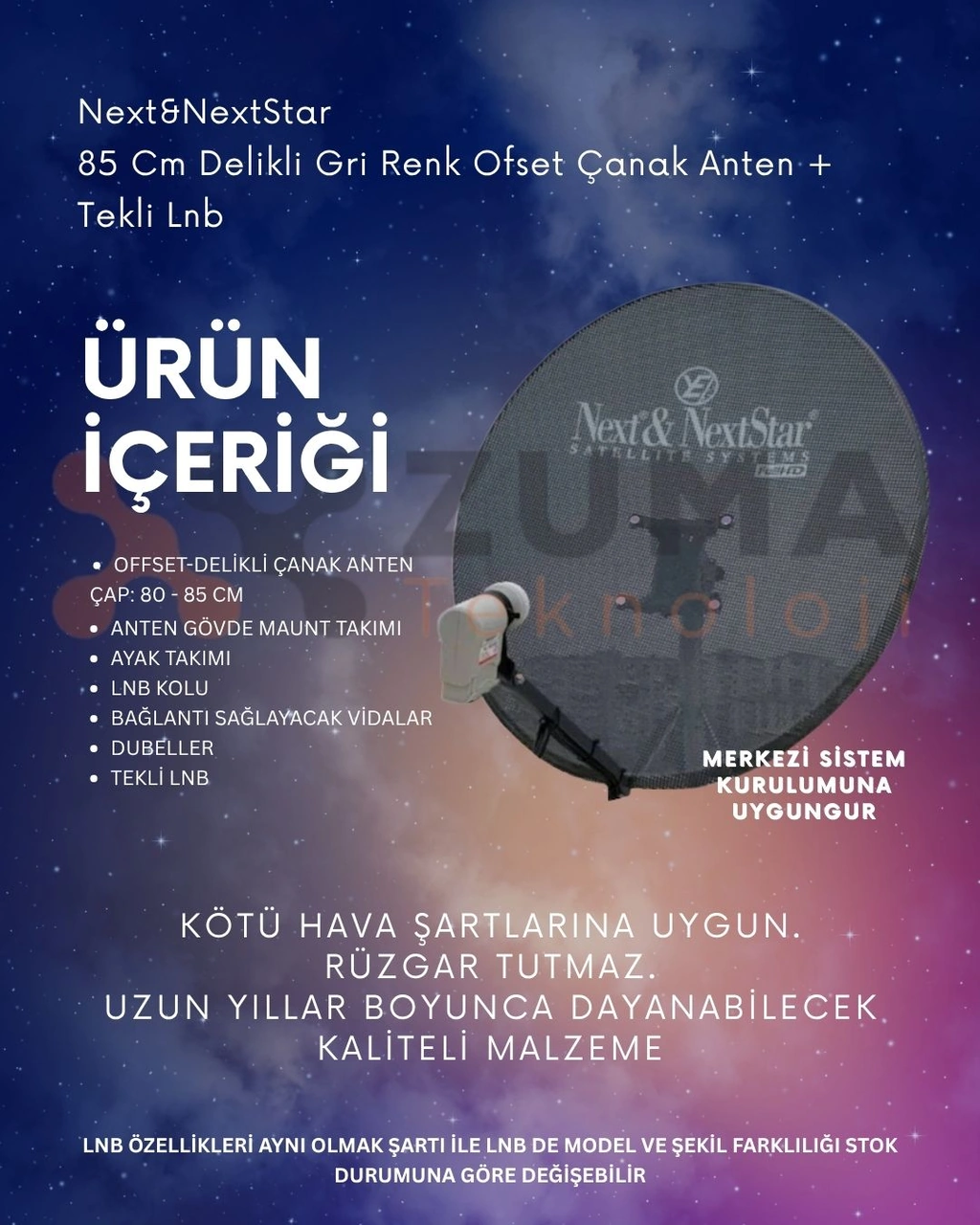 Next&nextstar 85 Cm Delikli Gri Renk Ofset Çanak Anten + Tekli Lnb