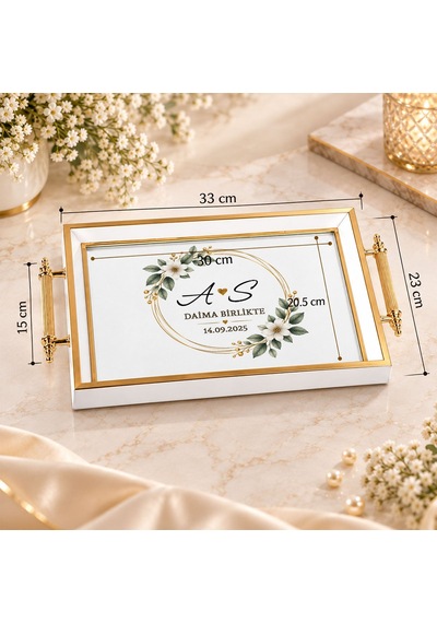 Bk Gift Kişiye Özel Beyaz&gold Söz Nişan Tepsisi-7 - 39x23 Cm Çok Renkli