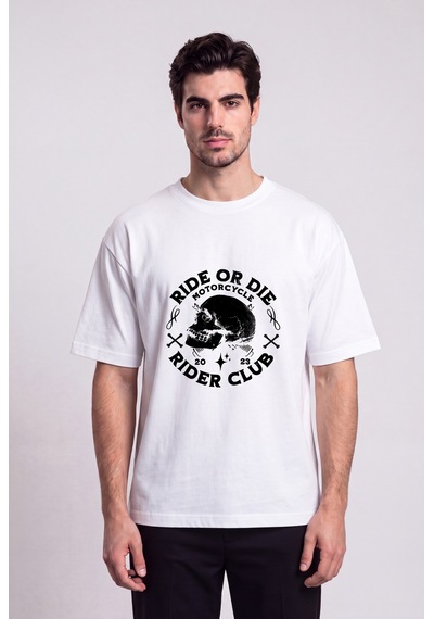 Black Nova Oversize Baskılı Unisex %100 Pamuk T-shirt Ride Or Die Beyaz