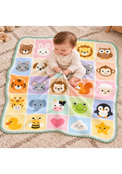 Renkli Kare Hayvanat Bahçesi Serisi Çoban Dikişli %100 Polar Bebek Battaniyesi 80x100 CM Oeko-tex Çok renkli