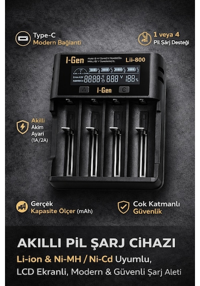 I-gen Lii-800 Akıllı Li-ıon Pil Şarj Cihazı, Type-c Girişli, Lcd Ekranlı, 4 Slot Şarj, Li-ıon & Ni-mh Uyumlu 18650 / 21700 / Aa / Aaa