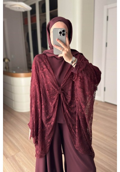 Ka Hijab Dantel Pelerin Detaylı 3'lü Takım - Bordo