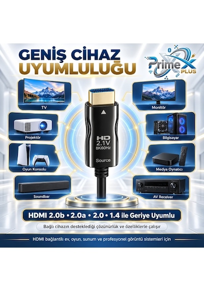 Primex Px-fbrhd20 Hdmı 2.1 Aktif Fiber Optik Kablo 20 Metre, 8k 60hz 4k 120hz 1080p 240hz, 48gbps Earc Dynamic Hdr Vrr Allm Destekli, Source-dısplay Yönlü Aoc Hdmı Kablosu 38548322