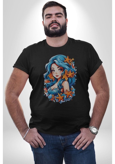Deniz Kızı Deniz Yıldızı Mavi Saçlı Unisex Unisex Siyah Organik Baskılı T-shirt Penye Yüksek Kalite Siyah