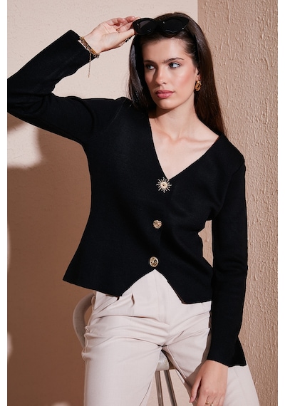 Lela Premium Regular Fit V Yaka Düğmeli Triko Bayan Hırka 680Hi00121 Siyah