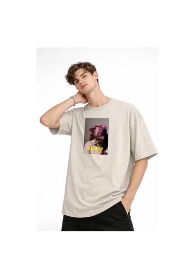Misa Tahtakale Blurry - Oversize Erkek Tişört Bej Çok Renkli