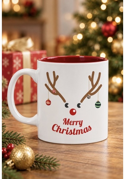 Mesela Yılbaşı Kupası Merry Christmas Desenli Kırmızı İçli Hediyelik Kahve Kupa Bardak Beyaz