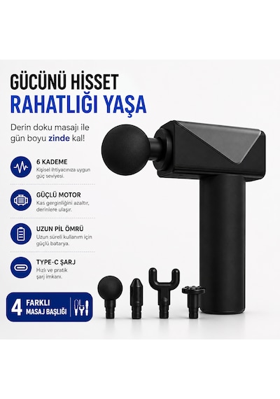 Şarjlı Masaj Tabancası 6 Kademeli Type-c Şarjlı Sessiz Kas  Masaj Aleti 4 Başlıklı Derin Doku Masaj Cihazı Gri - Siyah