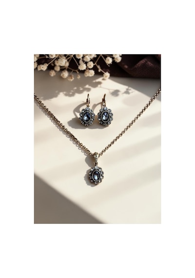Kristal Taşlı Oval Kolye Ve Küpe Seti Gri 03202189