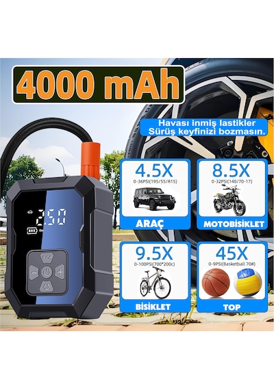 H-9293 Akıllı 4000mah Şarjlı Hava Pompası Kompresörü 150psi Araç Lastik, Bisiklet, Top Şişirme Oto Hava Kompresörü Digital