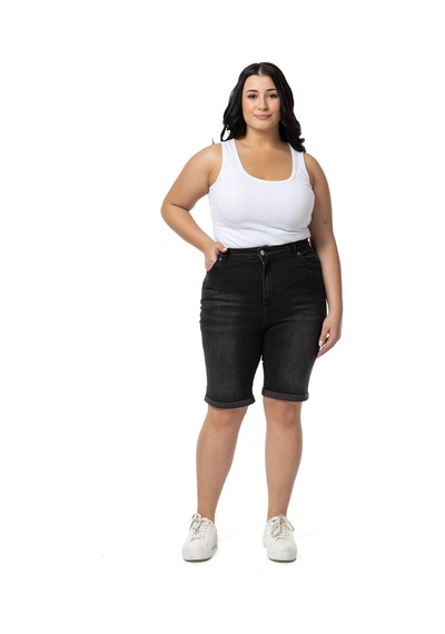 Büyük Beden Paçası Katlamalı Beş Cepli Denim Siyah Şort-siyah Siyah
