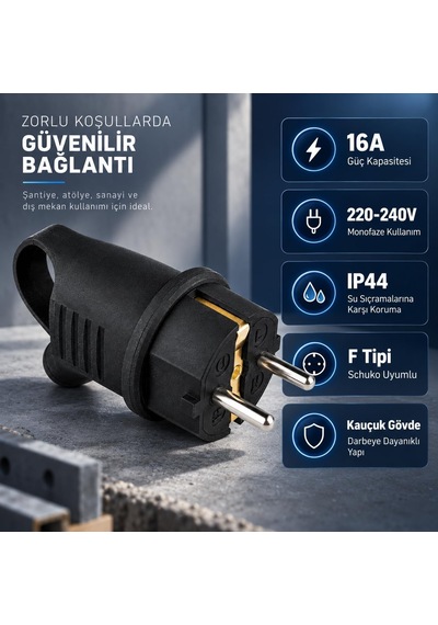 Monofaze Kauçuk Fiş, 16a, Ip44, F Tipi, 220-240v, Vidalı Bağlantı, Darbeye Dayanıklı Kauçuk Gövde, Ce Ve Rohs Belgeli, Şantiye, Atölye, Sanayi, Dış Mekan Kullanımı, Elektrik Fişi Kulplu Eğik