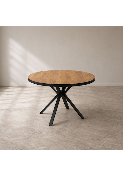 Modern Yuvarlak Yemek Masası Ahşap Desenli Siyah Metal Yıldız Ayak 90x90 Modern Yuvarlak Yemek Masası Ahşap Desenli Siyah Metal Yıldız Ayak 90x90