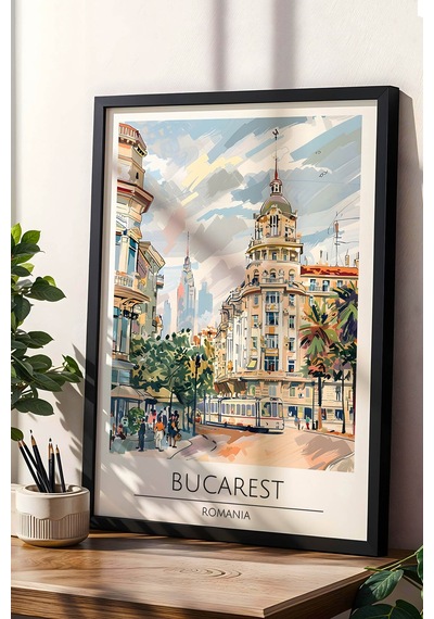 Romanya Bükreş Temalı Çerçeveli Tablo Travel Serisi Modern İllüstrasyon Şehir Duvar Dekoru Siyah