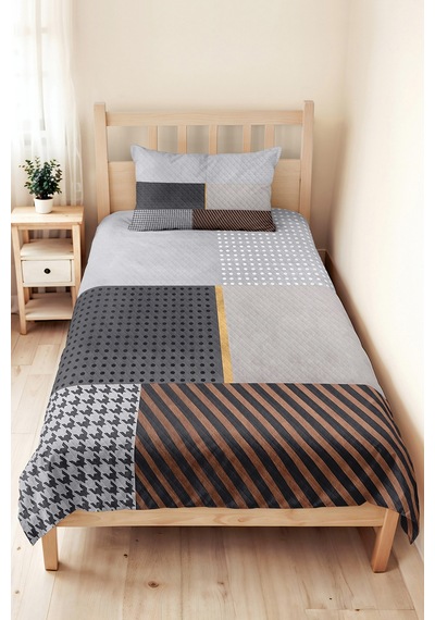 Gri Geometrik Genç Odası Tek Kişilik Pike Takımı - Antrasit Bakır 160x220 Cm Kapitone Yatak Örtüsü Kırık Nehir Harmonu