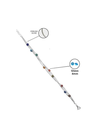 4mm Cam Nazar Boncuğu 3 Zincirli Göz Bileklik 925 Ayar Gümüş Bileklik Çok Renkli