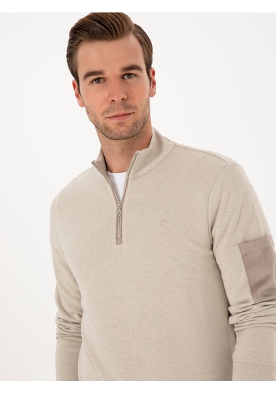 Bej Regular Fit Yarım Fermuarlı Sweatshirt