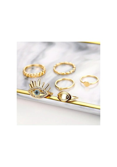 Silva 6 Adet Kristal Taşlı Geometrik Tasarım Kalp Nazar Figürlü Vintage Çoklu Gold Altın Yüzük Seti