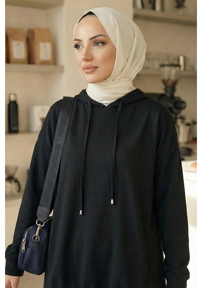 Bestenur Kapüşonlu Tunik Pantolon Takım 1682 - Siyah Siyah